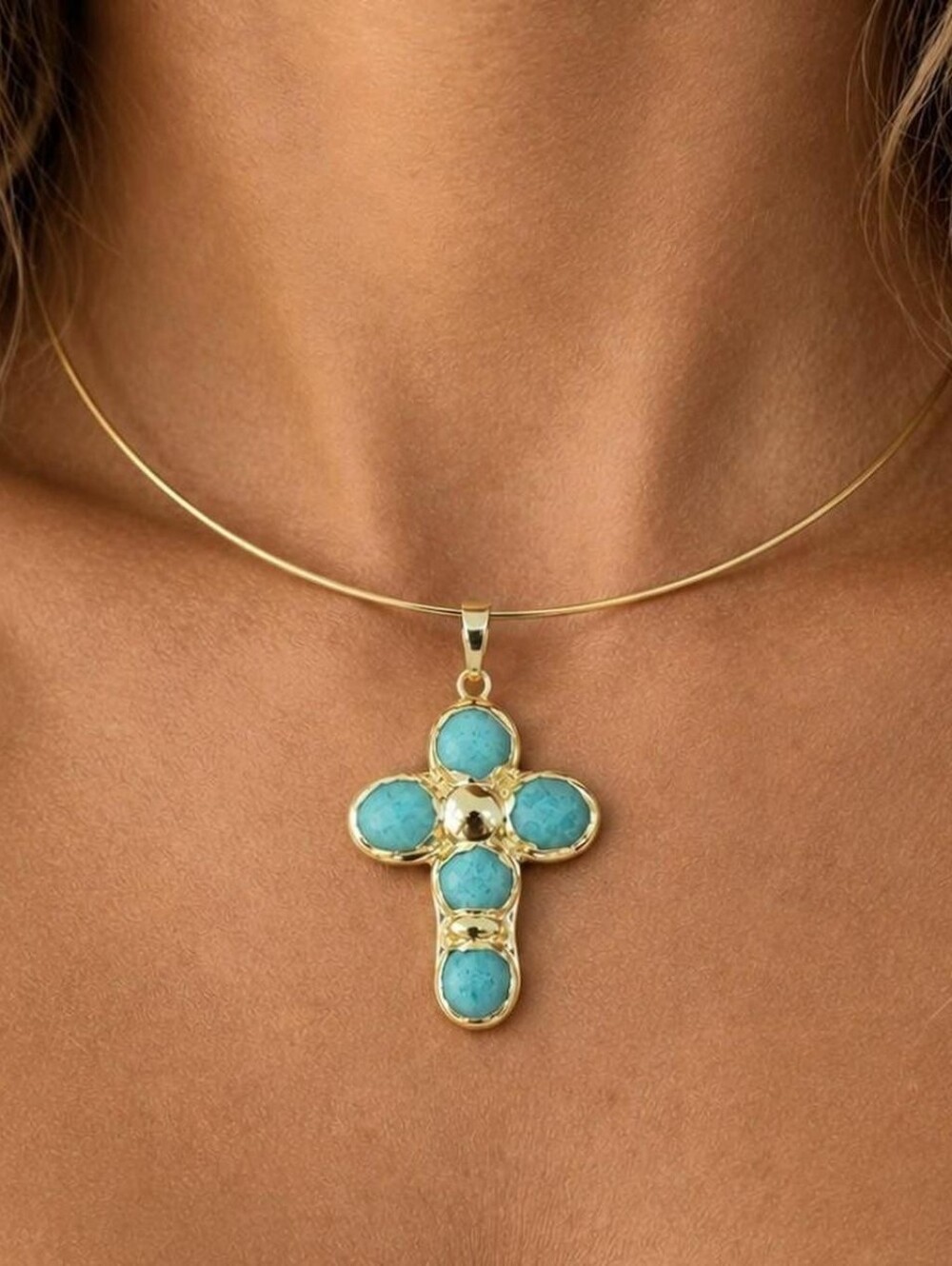 Natural Stone Cross Choker Necklace